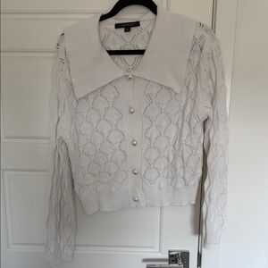 NWOT White Openwork Knit Cardigan with Pearl Buttons